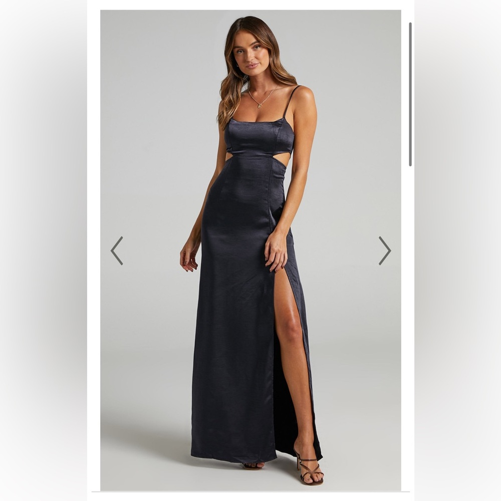 Showpo Special Mention Dress -  navy satin maxi dress with cutouts